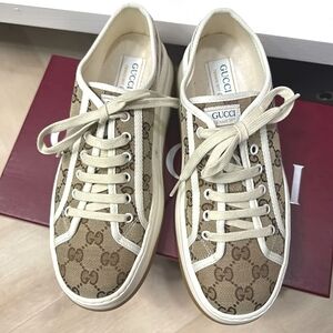 Gucci Tan and White Monogram Print Sneakers